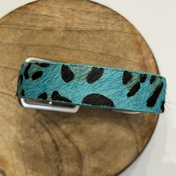 Rustic Cuff KACY Turquoise Leopard Print LeatherCalfskin Silver Buckle Bracelet - Picture 3 of 5